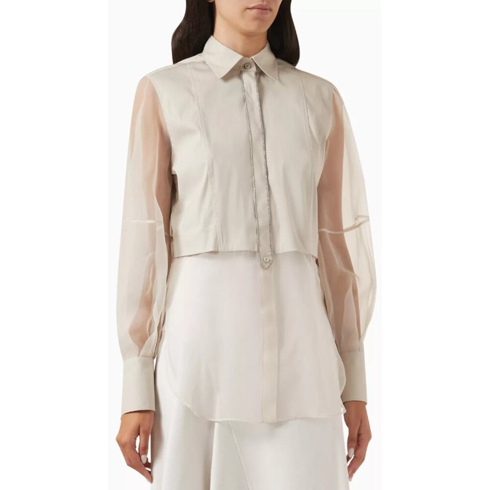 NWD Brunello Cucinelli Monili Trim Shirt in Cotton Silk Blend Beige Womens XXS